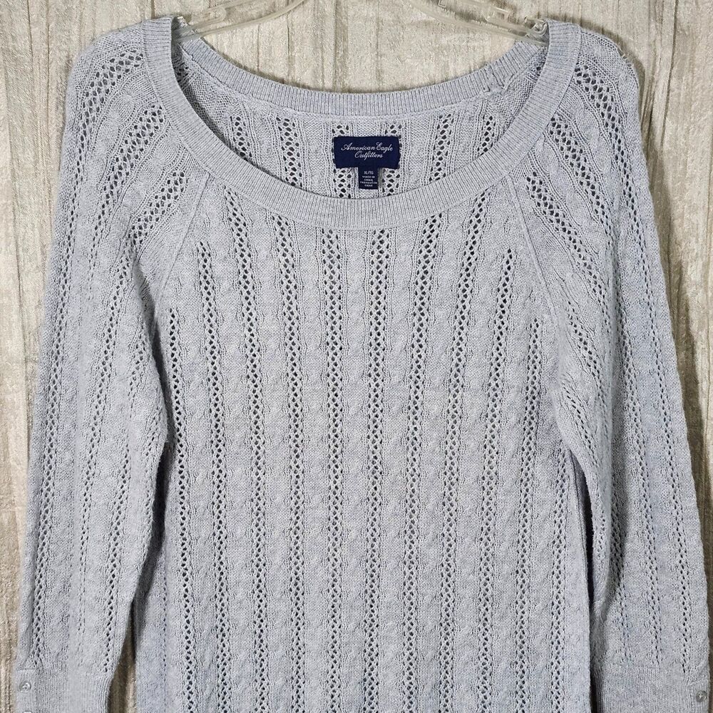 American Eagle Open Pointelle Cotton Wool Blend Sweater XL Gray Pullover